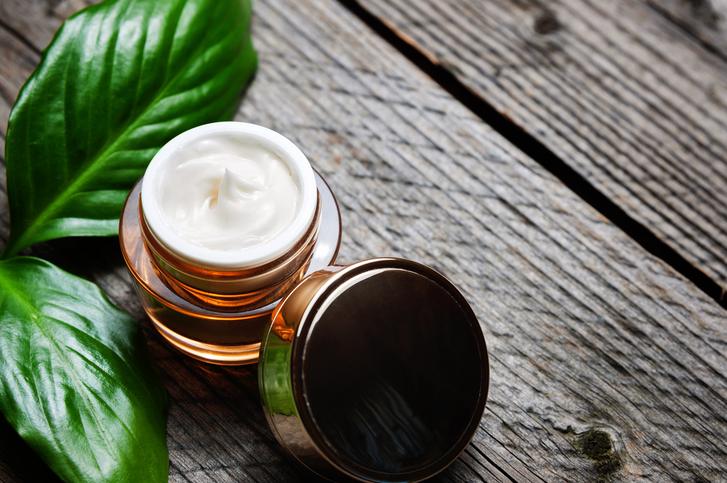 Cosmetic bottle container with green herbal leaves, Blank label for branding mock-up,